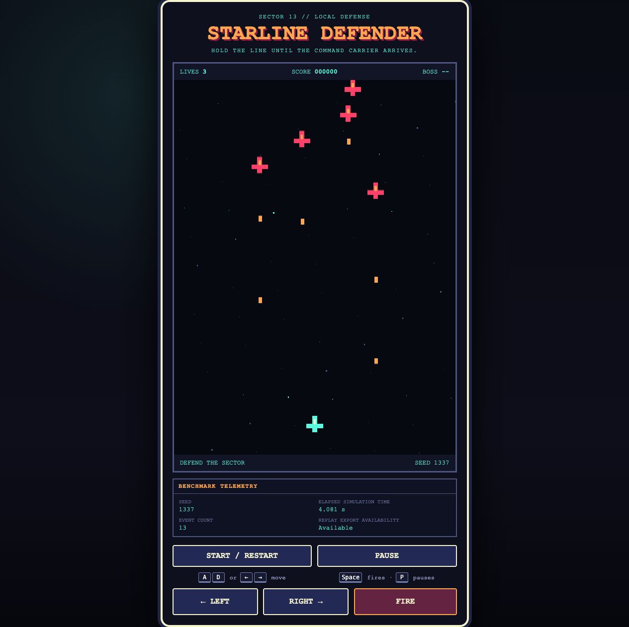 The actual Starline Defender benchmark game running in a browser, with a player ship, enemies, projectiles, score, lives, benchmark telemetry, and keyboard and touch controls.